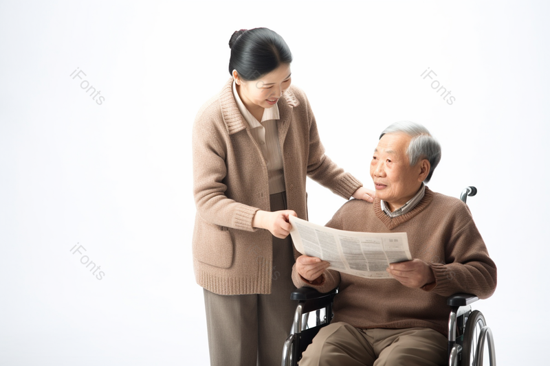 护工陪伴坐在轮椅上的老人看报纸,高清,摄影图,摄影图片,图片大全,摄影图免费下载